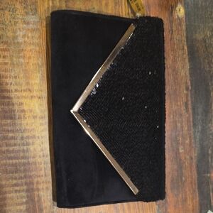 Call It Spring Black Velvet & Sequin Flap Clutch with Gold V Detail